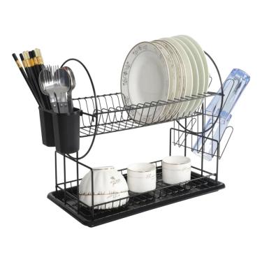Imagem de Escorredor Louças Duplo Rack Dois Andares Pratos Talheres Inox Preto