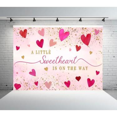 Imagem de PONNYC Fundo de chá de bebê coração dia dos namorados revelação de gênero decoração de festa banner A Little Sweetheart is On The Way rosa aquarela corações dourados fundo fotográfico 5X3FT DU62A