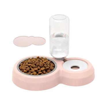 Imagem de TANXIC Tigelas duplas para cães e gatos, conjunto de tigela de comida e água para animais de estimação com dispensador automático de água e tigela de aço inoxidável, tapete de silicone para cães