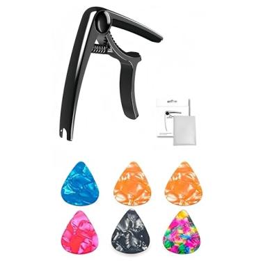 Imagem de VEDO Capotraste para guitarra, adequado para guitarras acústicas e elétricas - ouro rosa/preto, com 6 palhetas. (Preto)