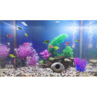 Imagem de BLKLWISDOM Conjunto vibrante de decoração de aquário para tanques de 5 galões e 10 galões, plantas artificiais brilhantes com base de rocha, acessórios perfeitos para aquário de peixes e decorações de