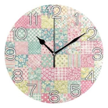 Imagem de Relógio de parede analógico decorativo para sala de aula, relógio de escritório, movido a bateria, decoração de parede moderna para sala de estar, xadrez colorido pastel, 25 cm, ponteiros dourados