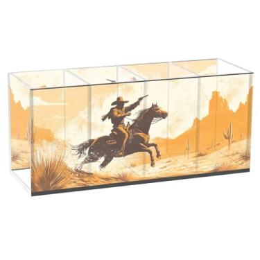 Imagem de TSENQUE Porta-lápis de mesa com cavalo caubói, deserto, para decoração de casa, para decoração de casa, canetas, copos de acrílico, lápis, armazenamento de papelaria
