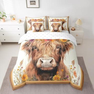 Imagem de jejeloiu Conjunto de edredom de vaca Highland Queen com lençol de fazenda, para meninos, meninas, adolescentes, marrom, 7 peças