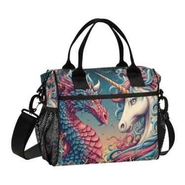 Imagem de ALAZA Lancheira térmica floral com flor de unicórnio dragão lancheira reutilizável grande bolsa de ombro para trabalho, piquenique, escola, M