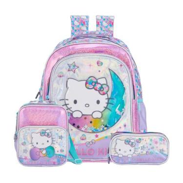 Imagem de Kit Mochila Costas Hello Kitty Metalizada Lancheira E Estojo Cor:Lilás