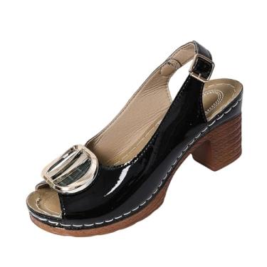 Imagem de Sandálias femininas modernas casuais com sola grossa plus size couro brilhante fivela de metal design boca de peixe, Preto, 35