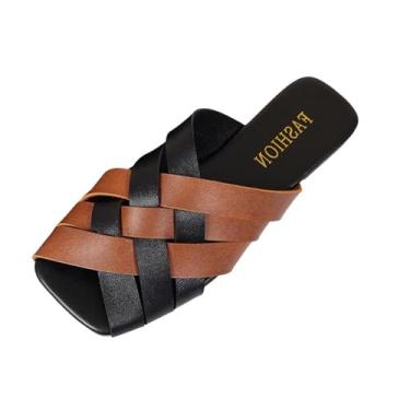 Imagem de Chinelos femininos rasos de tecido fechado de couro macio casual sandálias deslizantes para ambientes internos e externos, Marrom, 38