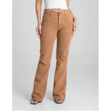 Imagem de Calça Flare Feminina Sawary Sarja Cintura Alta Marrom Com Elastano - S