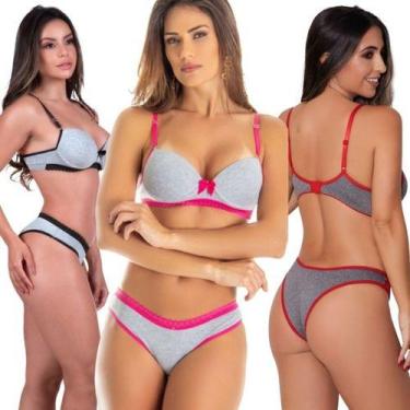 Imagem de Kit 3 Conjuntos Com Bojo Mescla Algodão Rendado Lingerie - Mi Amore, M