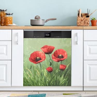 Imagem de SEHANY Pintura a óleo flor de papoula vermelha capa magnética para lava-louças, adesivos magnéticos decorativos antiarranhões para painel de geladeira e lava-louças, decoração de flores de fazenda de
