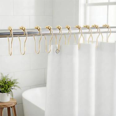 Imagem de 12 anéis de ganchos de cortina de chuveiro, ganchos de chuveiro de metal à prova de ferrugem para varões de banheiro, resistente, design de bola - ouro