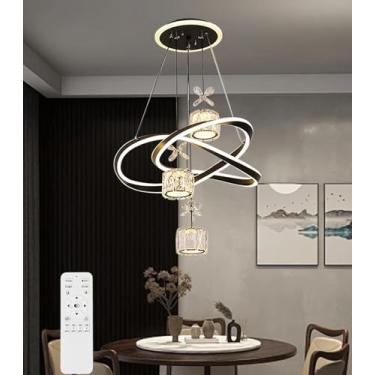 Imagem de Lustre pendente LED moderno com cristais, controle remoto, regulagem de intensidade, ideal para sala de jantar, quarto, cozinha e ilha (quadrado preto).