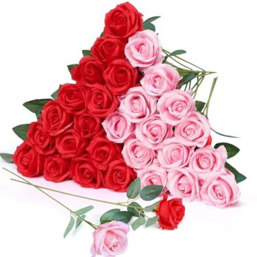 Imagem de LPREUTWN 30 peças de flores artificiais de rosas vermelhas, rosas artificiais de seda, flores vermelhas realistas para centro de mesa, bolo, buquês de noiva, decoração de casa, aniversário, decoração