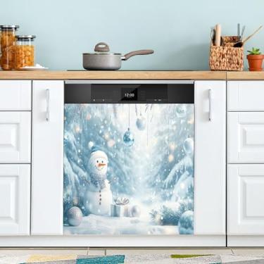 Imagem de xigua Linda capa magnética de boneco de neve de Natal, adesivos magnéticos decorativos antiarranhões para painel de geladeira e lava-louças, decoração personalizada de cozinha doméstica 58 x 66 cm