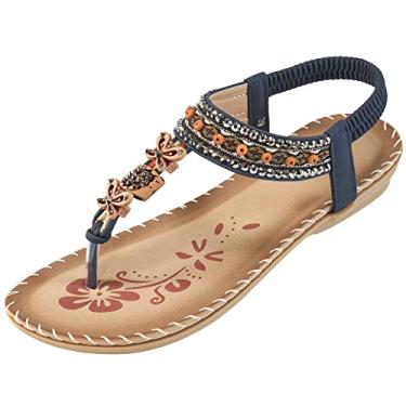 Imagem de Sandália feminina gladiadora de verão com contas boêmias, confortável, aberta nos dedos, elástica, tira no tornozelo, Azul-escuro 527, 5.5