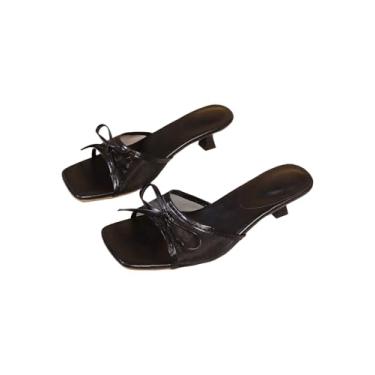 Imagem de MakeMeChic Sandálias femininas de verão Y2K com laço e nó de salto PU de couro de poliuretano, bico aberto, salto baixo, Preto, 37