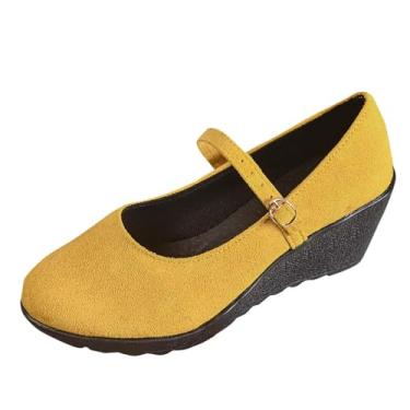 Imagem de Sapato feminino de bico redondo com bico grosso, boca rasa, casual e confortável, Amarelo, 38