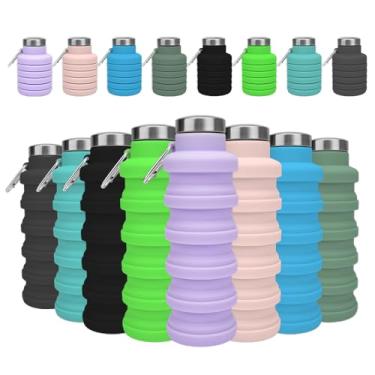 Imagem de yaenoei 8 garrafas de água dobráveis, garrafa esportiva dobrável de silicone reutilizável de 500 ml, portátil leve com mosquetão para academia, caminhadas, acampamento, viagens em cores frescas