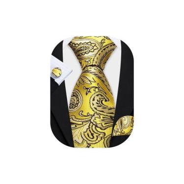 Imagem de Conjunto de gravata Barry.Wang Paisley em seda preta amarela