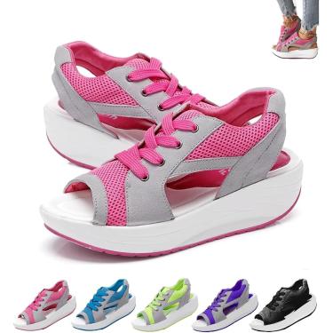 Imagem de Sandálias De Muffin Com Cadarço E Recortes Em Painéis Contrastantes, Sandálias De Muffin Com Cadarço Para Mulheres, Sandálias Ortopédicas De Malha Antiderrapante De, Pink, 41EU