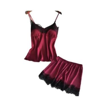 Imagem de Conjunto De Pijama Feminino De Verão Sexy Em Seda Gelada Com Renda, De