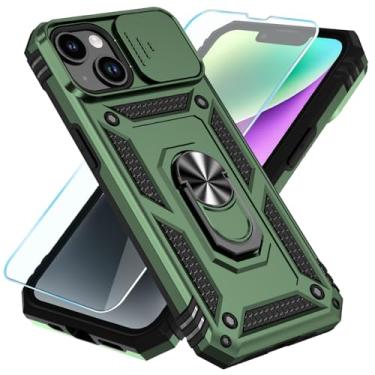 Imagem de SunStory Compatível com capa para iPhone 13/iPhone 14 com protetor de tela HD e capa de câmera deslizante e suporte de anel girado, [grau militar] capa de telefone para iPhone 13/14 (verde militar)