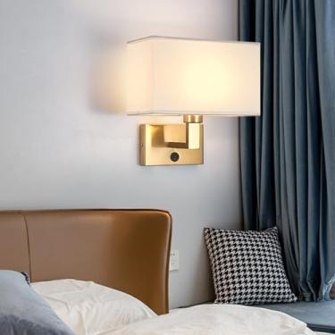 Imagem de GZZBMY Lâmpada de parede LED com interruptor Moderno Minimalista Arandelas de Parede Tela de Tecido Quadrado Iluminação de Parede de Metal para Sala de Estar Quarto Cabeceira Escadaria (Cobre + Branco