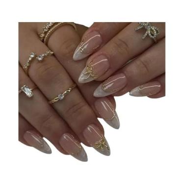 Imagem de Unhas Postiças Em Forma De Amêndoa Com Design De Laço, Borda Dourada F