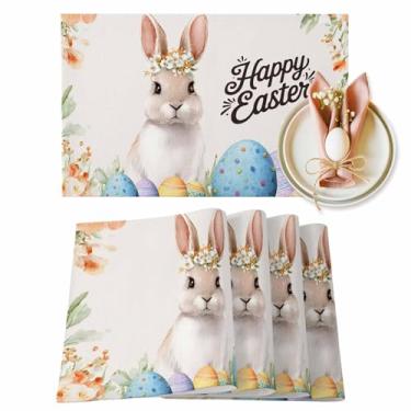 Imagem de Jogo americano de Páscoa, coelhinho, flores, folhas, tapetes de mesa laváveis para cozinha, mesa de jantar, aquarela, ovo de Páscoa, retrô, resistente ao calor, para festas internas e externas