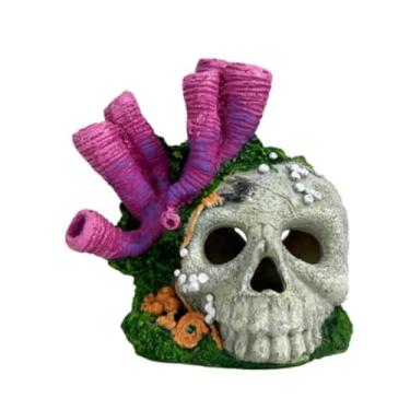 Imagem de MaryCarrie Esconderijo de aquário de caveira com coral – decorações de aquário Betta, caverna de camarão e refúgio de peixes pequenos, decoração de caveira subaquática de resina para aquário de água