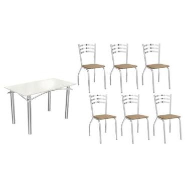 Imagem de Sala Jantar Mesa Elba Tampo Madeirado c/ Vidro 120cm e 6 Cadeiras Port