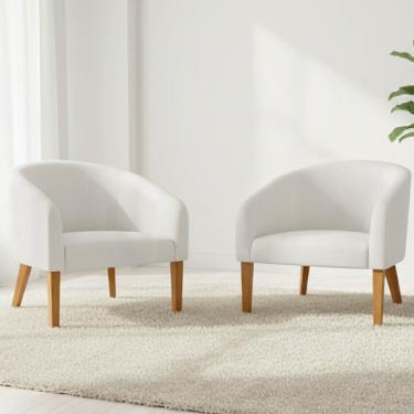 Imagem de Poltrona Sala Decorativa Kit 2 Stella Pé Madeira Trapézio Castanho Sintético Branco D03 - D'Rossi