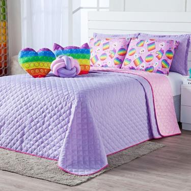 Imagem de Kit Cobre Leito Colcha Queen Pop It Lilás/rosa Dupla Face Com Almofadas Estampadas 08 P...
