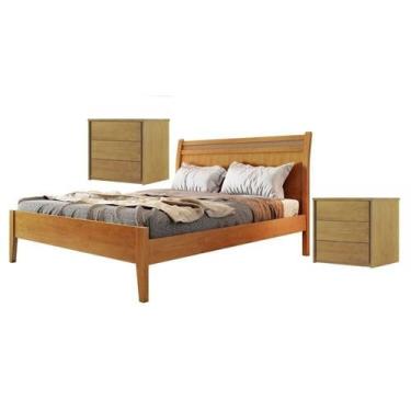 Imagem de Conjunto Quarto de Casal Cama em Madeira Maciça Rattan e 2 Mesas de Ca