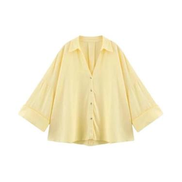 Imagem de Camisa Oversized De Linho Amarelo Para Mulheres, Manga Larga, Casual, 