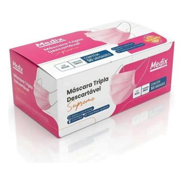 Imagem de Máscara Descartável Rosa Medix 50un Tripla Proteção com Elástico Clipe