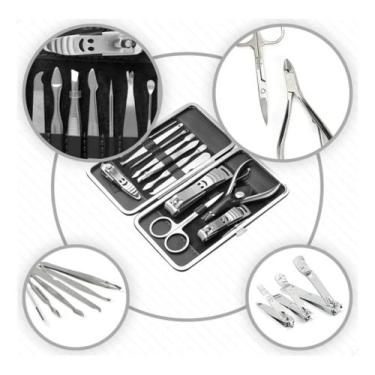 Imagem de Kit Manicure Portátil 12 Peças Aço Inoxidável Estojo Alicate Cortador 