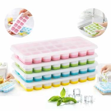Imagem de Kit 4 Formas de Gelo em Silicone com Tampa Rígida 14 Cubos Fundo Flexível Transparente