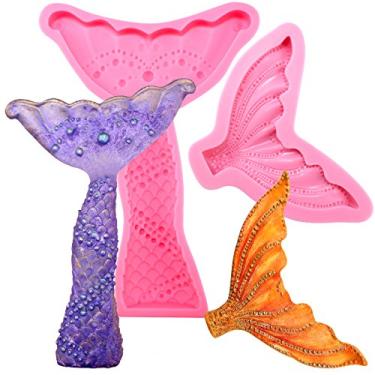 Imagem de Funshowcase Molde de silicone de cauda de sereia e barbatana para decoração de bolos de fondant de açúcar, cobertura de cupcake, chocolate, pastelaria, fabricação de joias, argila de polímero, resina epóxi, projetos de artesanato de sabonete, 2 unidades