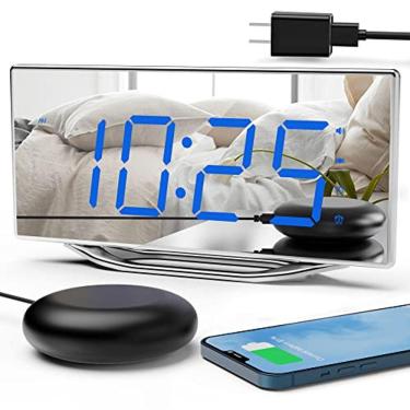 Imagem de Relógios de alarme digital alto para quartos com shaker de cama, 8,7" Espelho Relógio Digital Grande Display, Alarme Duplo, Carregador de Telefon
