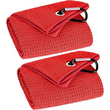 Imagem de Pacote com 2 toalhas de golfe padrão waffle algodão com mosquetão toalhas de limpeza gancho de microfibra limpa tacos bolas mãos para homens mulheres (Vermelho)