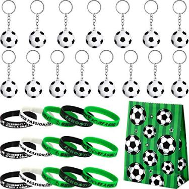 Imagem de Conjunto de 46 peças de artigos de festa de futebol inclui 15 chaveiros de futebol, 16 pulseiras de silicone motivacionais de futebol, 15 peças de sacos de lembrancinha de festa de futebol para lembrancinhas de festa de presente