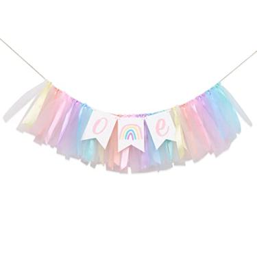 Imagem de Banner de cadeira alta arco-íris pastel para 1º aniversário – faixa de tule e fita para uma cadeira alta, faixa para cadeira de 1º aniversário de menina, decorações de aniversário de arco-íris, fundo de fotografia de aniversário