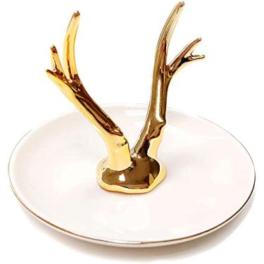 Imagem de RRMMAN Prato para anéis de cerâmica esmaltada, Prato para porta-anéis Royal Gold Antler Deer, Prato para joias, Porta-anéis para joias, anéis, brincos e colares (13.6, Chifres dourados)