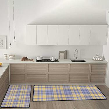 Imagem de Tapetes de cozinha vintage, amarelo, azul, xadrez, antiderrapante, conjunto de 2 tapetes de cozinha, tapete confortável antifadiga, para sala de jantar, lavanderia, escritório