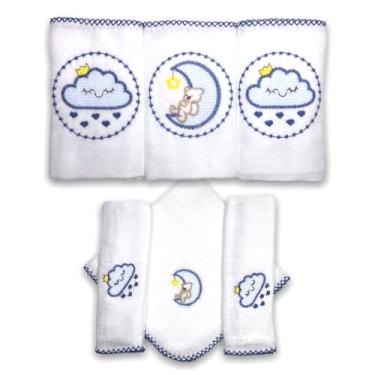 Imagem de Kit 6 Fraldas De Pano para Bebê Bordada (3 de Ombro + 3 De Boca) (Céu Marinho (Nuvem e Lua))