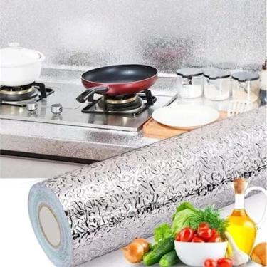 Imagem de Forro Manta Adesivo Protetor Impermeável 2 Metros x 60 cm Papel De Parede De Aluminio Metalizado/Metálico Rolo Autocolante Lavável Prata Para Cozinha Gavetas Prateleiras Fogão E Armários