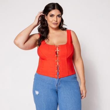 Imagem de Blusa Cropped de Alça Plus Corset com Colchetes e Bojo Laranja
