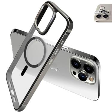 Imagem de Capa Case Bumper Bamper Para iPhone 15 Pro Max Transparente Acrílico Compatível com Carregamento Magnético Slim Anti Impacto Com Películas Para Lente de Câmera (Titânio Natural)